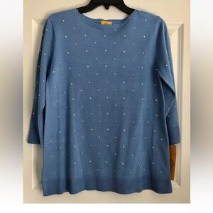 RUBY RD. PETITE PM SWEATER PULLOVER BLUE STUD EMBELLISHED TUNIC BOAT NECKps2